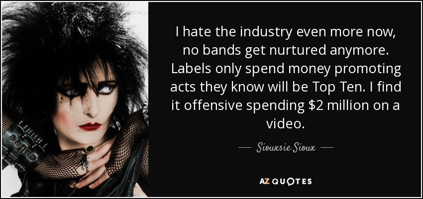 I hate the industry even more now, no bands get nurtured anymore. Labels only spend money promoting acts they know will be Top Ten. I find it offensive spending $2 million on a video. - Siouxsie Sioux