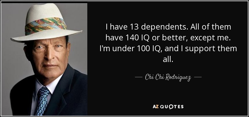I have 13 dependents. All of them have 140 IQ or better, except me. I'm under 100 IQ, and I support them all. - Chi Chi Rodriguez