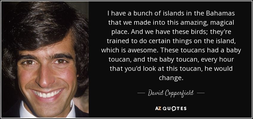 I have a bunch of islands in the Bahamas that we made into this amazing, magical place. And we have these birds; they're trained to do certain things on the island, which is awesome. These toucans had a baby toucan, and the baby toucan, every hour that you'd look at this toucan, he would change. - David Copperfield