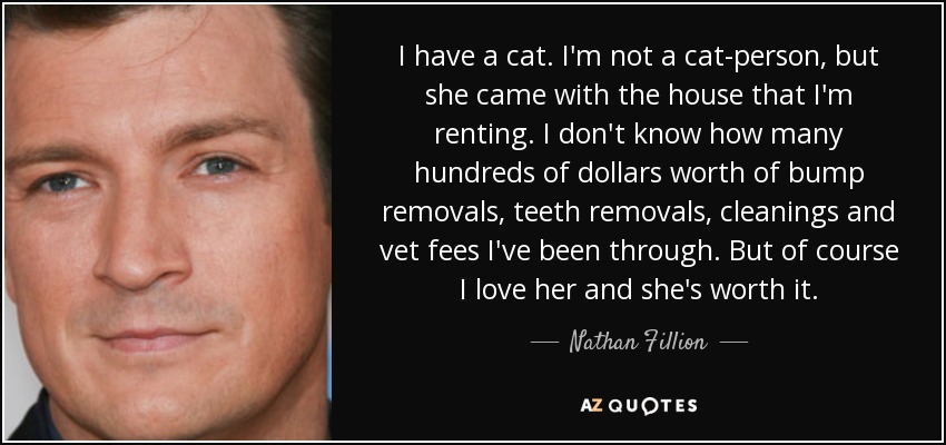 I have a cat. I'm not a cat-person, but she came with the house that I'm renting. I don't know how many hundreds of dollars worth of bump removals, teeth removals, cleanings and vet fees I've been through. But of course I love her and she's worth it. - Nathan Fillion