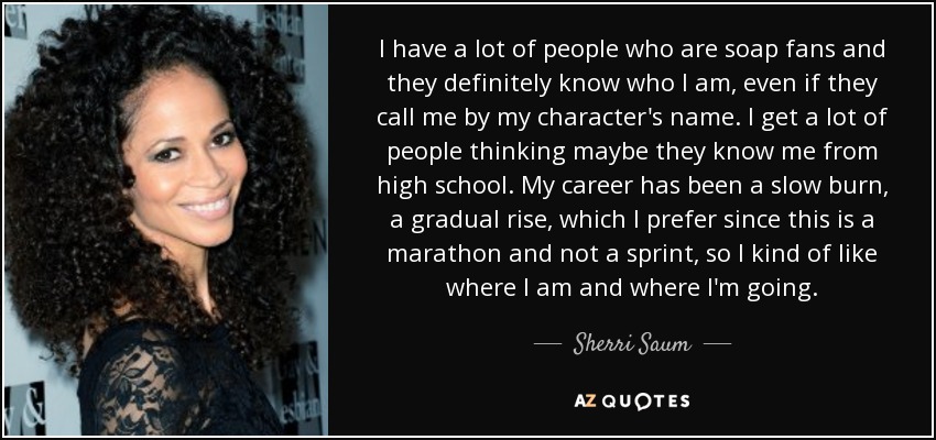 I have a lot of people who are soap fans and they definitely know who I am, even if they call me by my character's name. I get a lot of people thinking maybe they know me from high school. My career has been a slow burn, a gradual rise, which I prefer since this is a marathon and not a sprint, so I kind of like where I am and where I'm going. - Sherri Saum