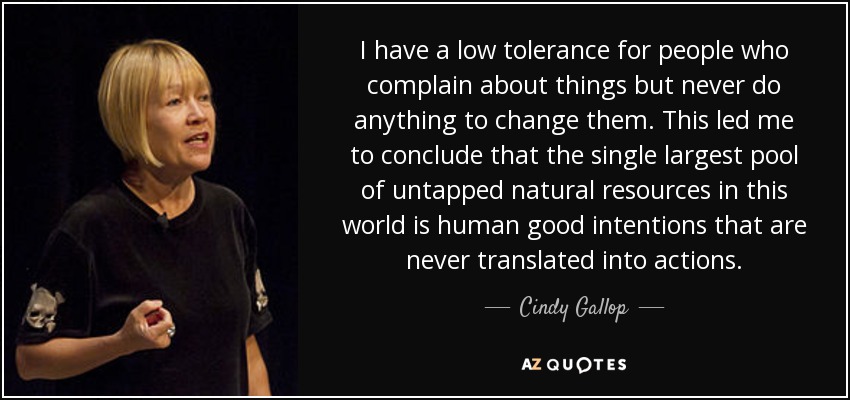 I have a low tolerance for people who complain about things but never do anything to change them. This led me to conclude that the single largest pool of untapped natural resources in this world is human good intentions that are never translated into actions. - Cindy Gallop