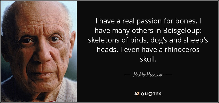 I have a real passion for bones. I have many others in Boisgeloup: skeletons of birds, dog's and sheep's heads. I even have a rhinoceros skull. - Pablo Picasso