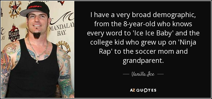I have a very broad demographic, from the 8-year-old who knows every word to 'Ice Ice Baby' and the college kid who grew up on 'Ninja Rap' to the soccer mom and grandparent. - Vanilla Ice
