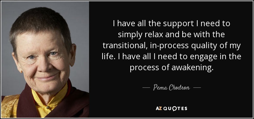I have all the support I need to simply relax and be with the transitional, in-process quality of my life. I have all I need to engage in the process of awakening. - Pema Chodron