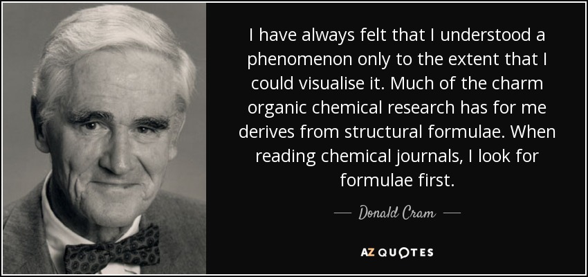 I have always felt that I understood a phenomenon only to the extent that I could visualise it. Much of the charm organic chemical research has for me derives from structural formulae. When reading chemical journals, I look for formulae first. - Donald Cram