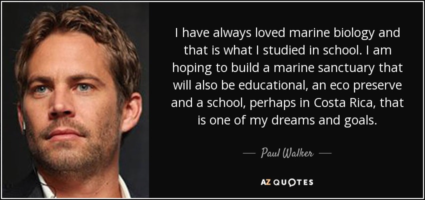 I have always loved marine biology and that is what I studied in school. I am hoping to build a marine sanctuary that will also be educational, an eco preserve and a school, perhaps in Costa Rica, that is one of my dreams and goals. - Paul Walker