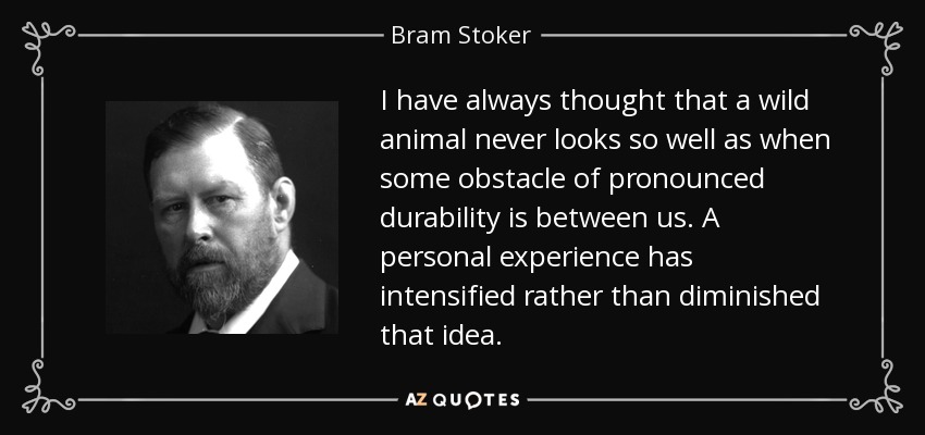 I have always thought that a wild animal never looks so well as when some obstacle of pronounced durability is between us. A personal experience has intensified rather than diminished that idea. - Bram Stoker