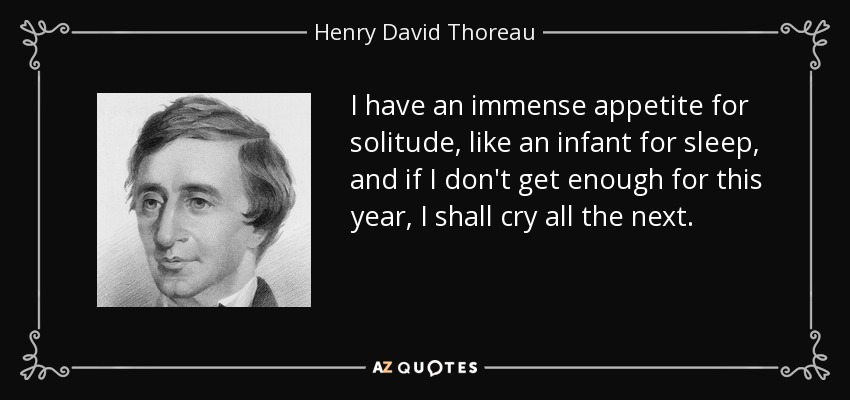 I have an immense appetite for solitude, like an infant for sleep, and if I don't get enough for this year, I shall cry all the next. - Henry David Thoreau