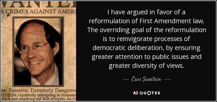 I have argued in favor of a reformulation of First Amendment law. The overriding goal of the reformulation is to reinvigorate processes of democratic deliberation, by ensuring greater attention to public issues and greater diversity of views. - Cass Sunstein