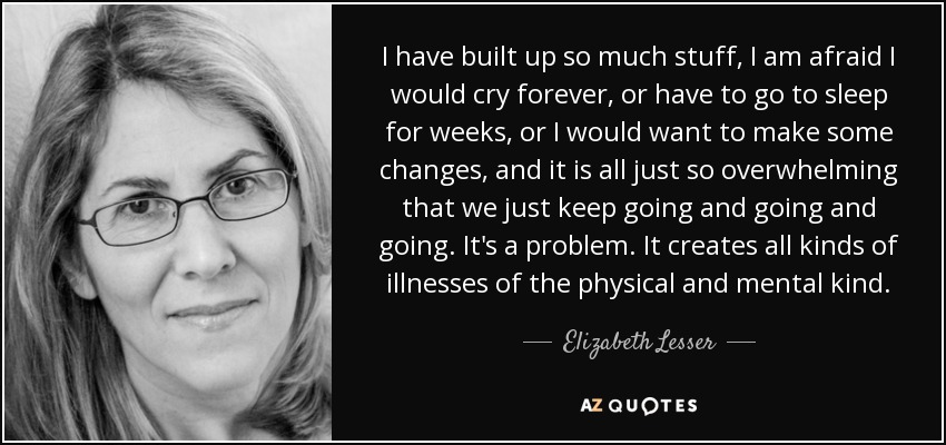 I have built up so much stuff , I am afraid I would cry forever, or have to go to sleep for weeks, or I would want to make some changes, and it is all just so overwhelming that we just keep going and going and going. It's a problem. It creates all kinds of illnesses of the physical and mental kind. - Elizabeth Lesser