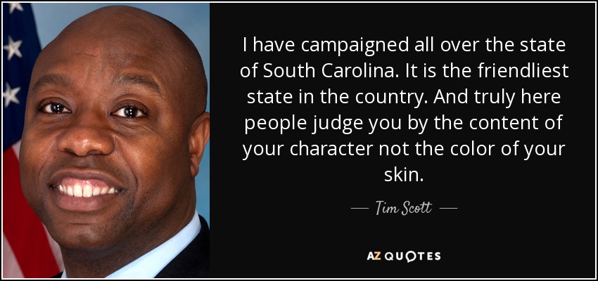 I have campaigned all over the state of South Carolina. It is the friendliest state in the country. And truly here people judge you by the content of your character not the color of your skin. - Tim Scott