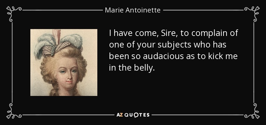 I have come, Sire, to complain of one of your subjects who has been so audacious as to kick me in the belly. - Marie Antoinette