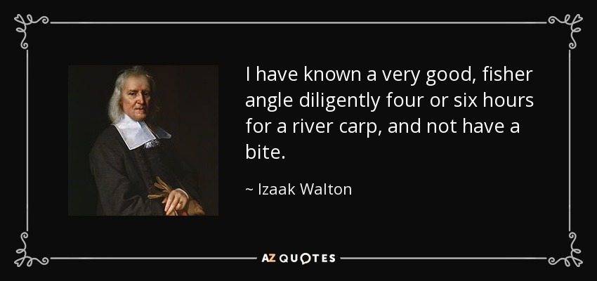 I have known a very good, fisher angle diligently four or six hours for a river carp, and not have a bite. - Izaak Walton