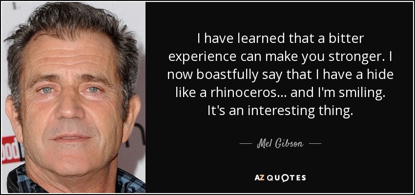 I have learned that a bitter experience can make you stronger. I now boastfully say that I have a hide like a rhinoceros... and I'm smiling. It's an interesting thing. - Mel Gibson