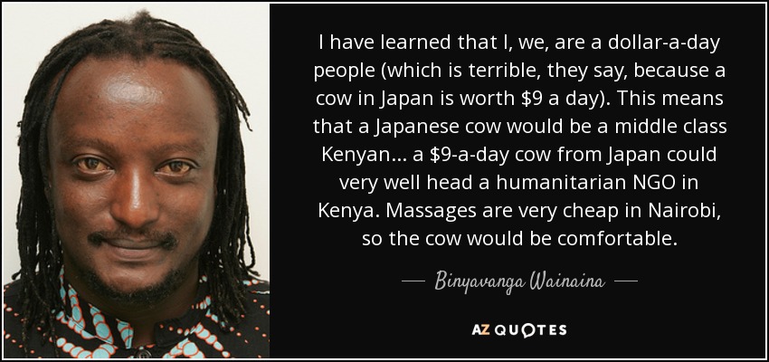 I have learned that I, we, are a dollar-a-day people (which is terrible, they say, because a cow in Japan is worth $9 a day). This means that a Japanese cow would be a middle class Kenyan... a $9-a-day cow from Japan could very well head a humanitarian NGO in Kenya. Massages are very cheap in Nairobi, so the cow would be comfortable. - Binyavanga Wainaina
