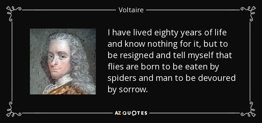 I have lived eighty years of life and know nothing for it, but to be resigned and tell myself that flies are born to be eaten by spiders and man to be devoured by sorrow. - Voltaire
