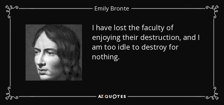 I have lost the faculty of enjoying their destruction, and I am too idle to destroy for nothing. - Emily Bronte