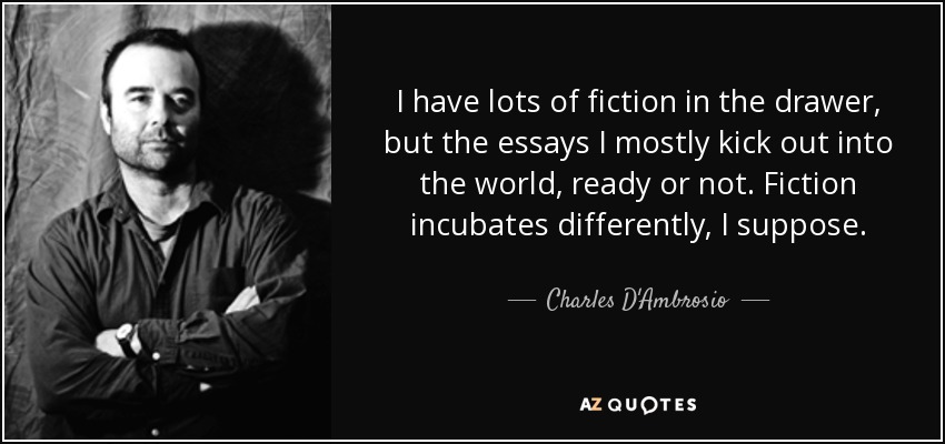 I have lots of fiction in the drawer, but the essays I mostly kick out into the world, ready or not. Fiction incubates differently, I suppose. - Charles D'Ambrosio