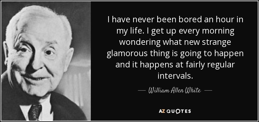 I have never been bored an hour in my life. I get up every morning wondering what new strange glamorous thing is going to happen and it happens at fairly regular intervals. - William Allen White