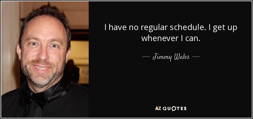 I have no regular schedule. I get up whenever I can. - Jimmy Wales