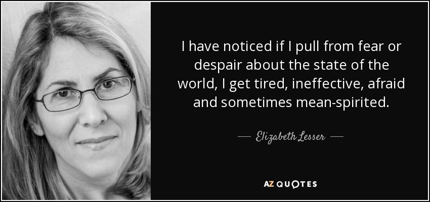 I have noticed if I pull from fear or despair about the state of the world, I get tired, ineffective, afraid and sometimes mean-spirited. - Elizabeth Lesser