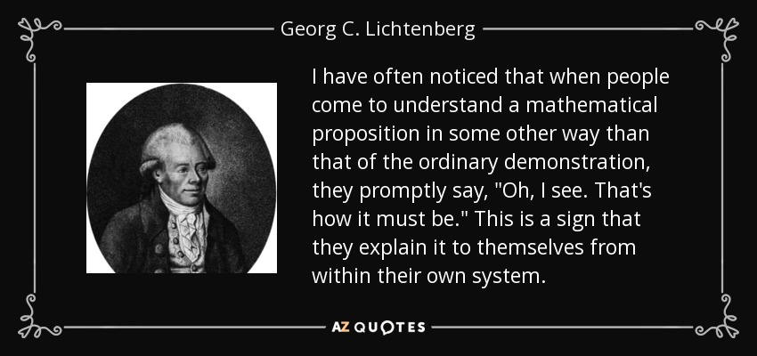 I have often noticed that when people come to understand a mathematical proposition in some other way than that of the ordinary demonstration, they promptly say, 