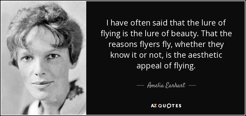 I have often said that the lure of flying is the lure of beauty. That the reasons flyers fly, whether they know it or not, is the aesthetic appeal of flying. - Amelia Earhart
