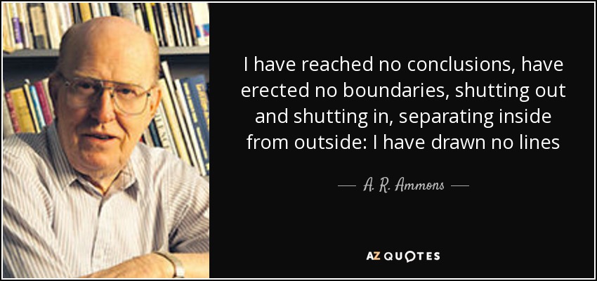 I have reached no conclusions, have erected no boundaries, shutting out and shutting in, separating inside from outside: I have drawn no lines - A. R. Ammons
