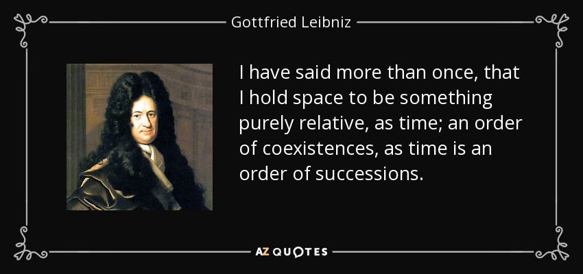 I have said more than once, that I hold space to be something purely relative, as time; an order of coexistences, as time is an order of successions. - Gottfried Leibniz