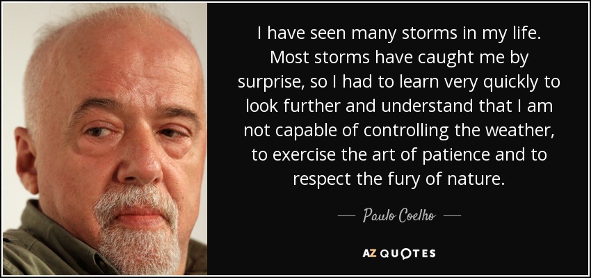I have seen many storms in my life. Most storms have caught me by surprise, so I had to learn very quickly to look further and understand that I am not capable of controlling the weather, to exercise the art of patience and to respect the fury of nature. - Paulo Coelho