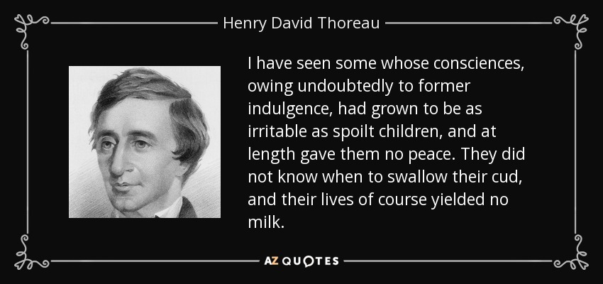 I have seen some whose consciences, owing undoubtedly to former indulgence, had grown to be as irritable as spoilt children, and at length gave them no peace. They did not know when to swallow their cud, and their lives of course yielded no milk. - Henry David Thoreau