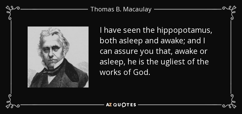 I have seen the hippopotamus, both asleep and awake; and I can assure you that, awake or asleep, he is the ugliest of the works of God. - Thomas B. Macaulay