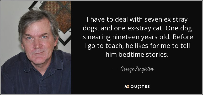 I have to deal with seven ex-stray dogs, and one ex-stray cat. One dog is nearing nineteen years old. Before I go to teach, he likes for me to tell him bedtime stories. - George Singleton