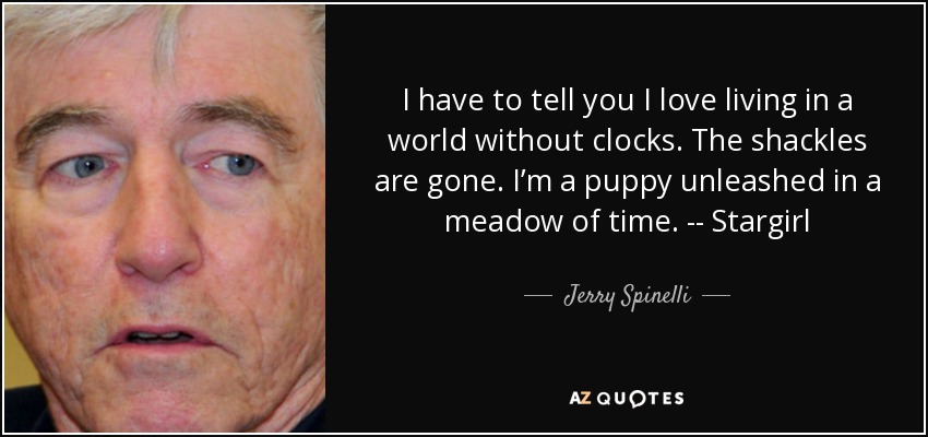 I have to tell you I love living in a world without clocks. The shackles are gone. I’m a puppy unleashed in a meadow of time. -- Stargirl - Jerry Spinelli