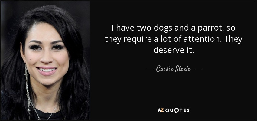 I have two dogs and a parrot, so they require a lot of attention. They deserve it. - Cassie Steele