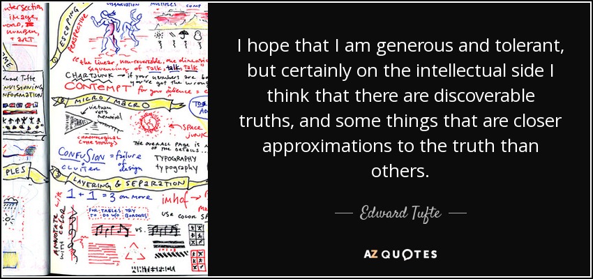 I hope that I am generous and tolerant, but certainly on the intellectual side I think that there are discoverable truths, and some things that are closer approximations to the truth than others. - Edward Tufte