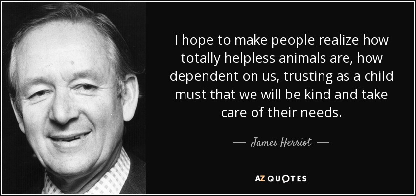 I hope to make people realize how totally helpless animals are, how dependent on us, trusting as a child must that we will be kind and take care of their needs. - James Herriot
