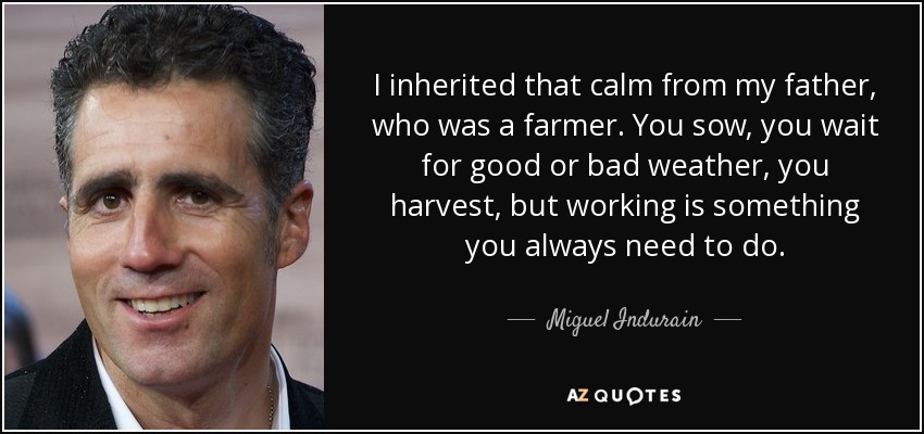 I inherited that calm from my father, who was a farmer. You sow, you wait for good or bad weather, you harvest, but working is something you always need to do. - Miguel Indurain