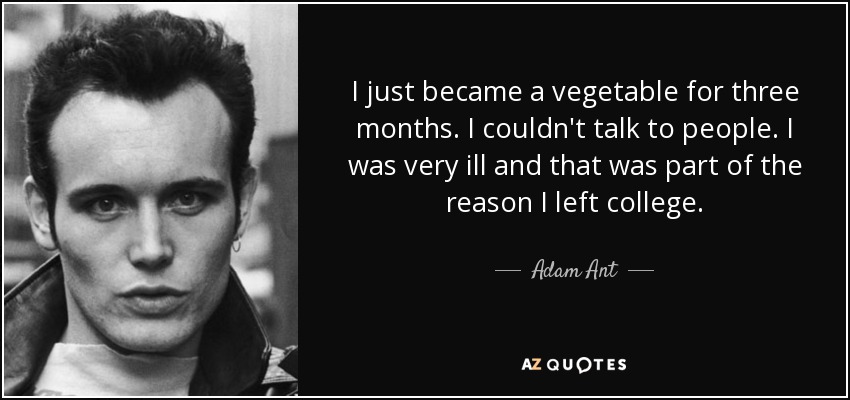 I just became a vegetable for three months. I couldn't talk to people. I was very ill and that was part of the reason I left college. - Adam Ant