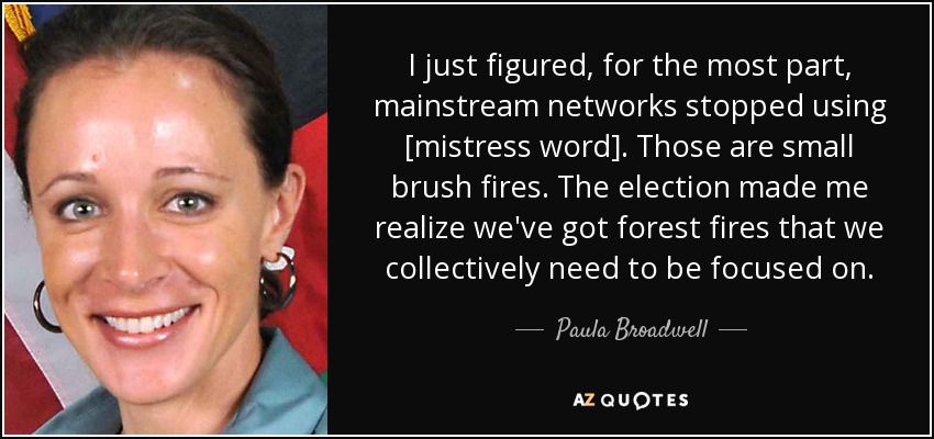 I just figured, for the most part, mainstream networks stopped using [mistress word]. Those are small brush fires. The election made me realize we've got forest fires that we collectively need to be focused on. - Paula Broadwell