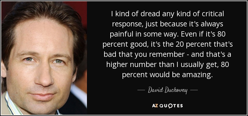 I kind of dread any kind of critical response, just because it's always painful in some way. Even if it's 80 percent good, it's the 20 percent that's bad that you remember - and that's a higher number than I usually get, 80 percent would be amazing. - David Duchovny