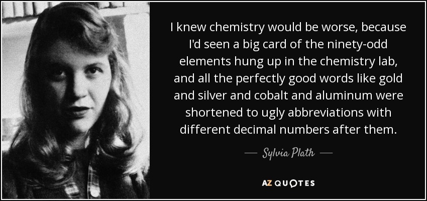 I knew chemistry would be worse, because I'd seen a big card of the ninety-odd elements hung up in the chemistry lab, and all the perfectly good words like gold and silver and cobalt and aluminum were shortened to ugly abbreviations with different decimal numbers after them. - Sylvia Plath