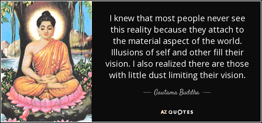 I knew that most people never see this reality because they attach to the material aspect of the world. Illusions of self and other fill their vision. I also realized there are those with little dust limiting their vision. - Gautama Buddha
