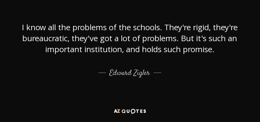 I know all the problems of the schools. They're rigid, they're bureaucratic, they've got a lot of problems. But it's such an important institution, and holds such promise. - Edward Zigler