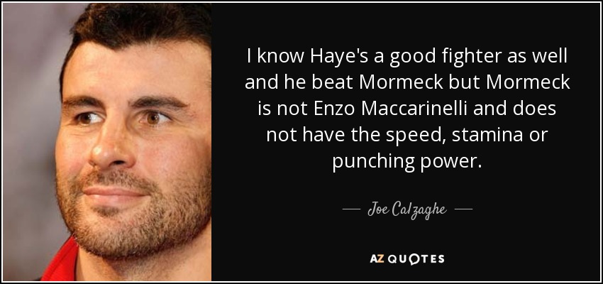 I know Haye's a good fighter as well and he beat Mormeck but Mormeck is not Enzo Maccarinelli and does not have the speed, stamina or punching power. - Joe Calzaghe