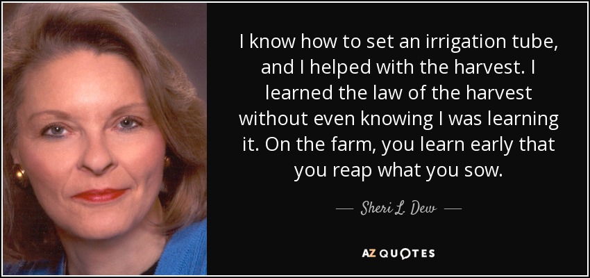 I know how to set an irrigation tube, and I helped with the harvest. I learned the law of the harvest without even knowing I was learning it. On the farm, you learn early that you reap what you sow. - Sheri L. Dew