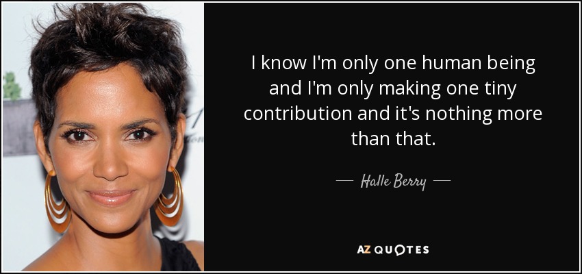 I know I'm only one human being and I'm only making one tiny contribution and it's nothing more than that. - Halle Berry