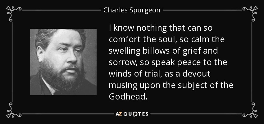I know nothing that can so comfort the soul, so calm the swelling billows of grief and sorrow, so speak peace to the winds of trial, as a devout musing upon the subject of the Godhead. - Charles Spurgeon