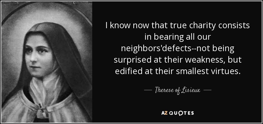 I know now that true charity consists in bearing all our neighbors'defects--not being surprised at their weakness, but edified at their smallest virtues. - Therese of Lisieux